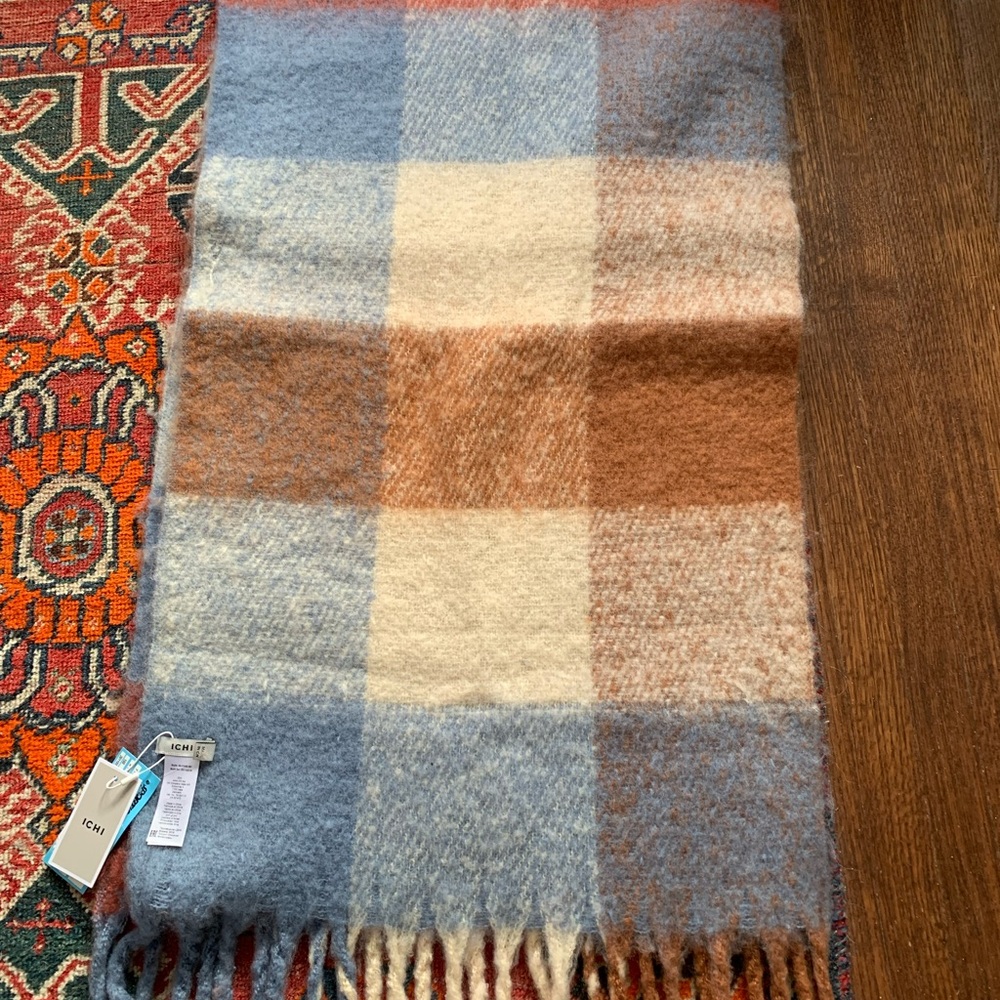 Plaid Wool Scarf in Blue and Brown
